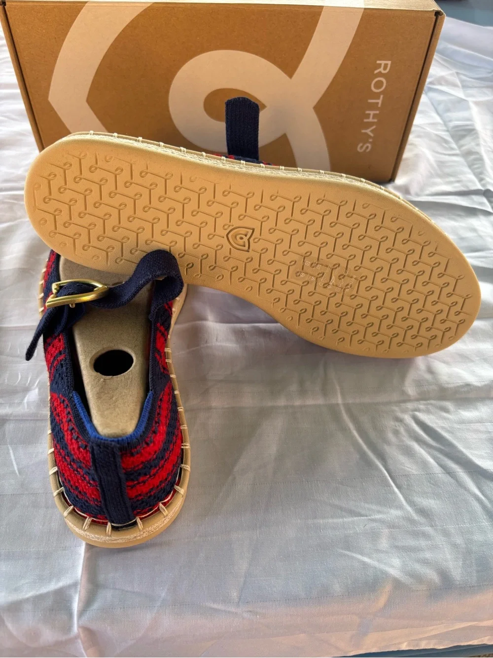 Rothy's Red & Navy Knit Mary Jane Espadrilles with Buckle
